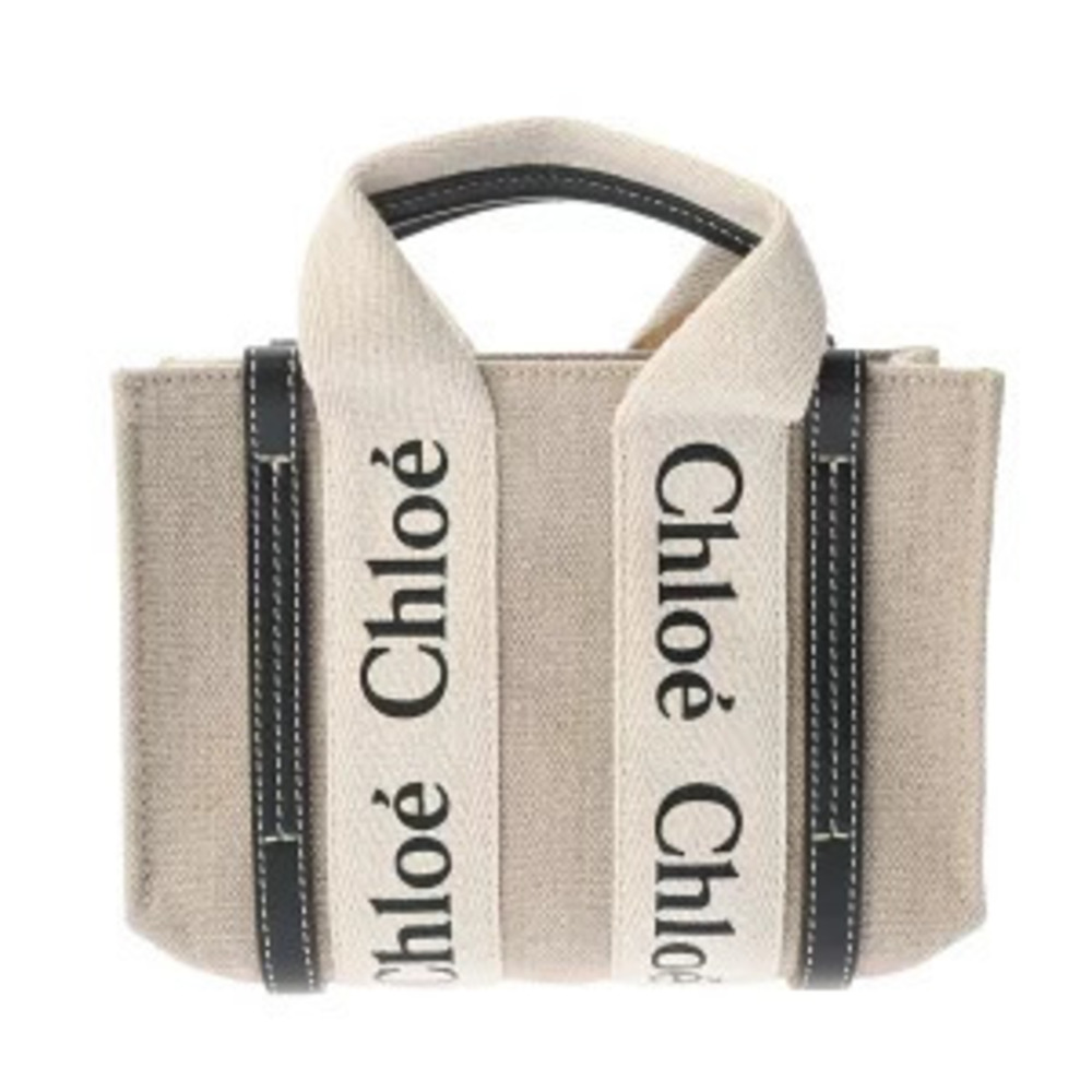 Chloe WOODY Tote Bag Beige Cream Black Canvas Calfskin